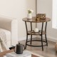 Round end table with a sturdy metal frame and brown wood finish, featuring two open shelves for versatile storage.