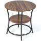Round end table with a rustic wood grain finish, featuring a sturdy metal frame and two open storage shelves for.