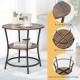 Round end table with rustic wood grain, sturdy metal frame, and open storage shelf for versatile home or office use.