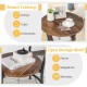 Round end table with rustic wood grain, featuring open storage shelf for plants and sturdy metal frame, ideal for home.