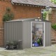 Galvanized steel storage shed with sliding door and ramp, perfect for garden tools and bicycles in gray.