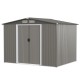 Galvanized steel storage shed in gray, 8 x 6 feet, featuring sliding door, louvers for airflow, and stable frame.
