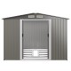 Galvanized steel storage shed with sliding door and ramp, 8 x 6 feet, ideal for garden tools and bicycles.