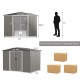 Galvanized steel storage shed measuring 8 x 6 feet, featuring a sliding door and tilting roof for easy access and.