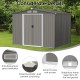 Galvanized steel storage shed with sliding door and ramp, featuring ventilation louvers for airflow, ideal for garden.
