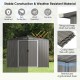 Galvanized steel storage shed with tilting roof for water drainage, ideal for garden tools and outdoor storage.