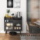 Kitchen buffet sideboard in black with wine rack, sliding glass doors, and ample storage for dining or kitchen use.