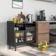 Kitchen buffet sideboard in black with wine rack, sliding glass doors, and adjustable shelves for versatile storage.