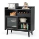 Black kitchen buffet sideboard with wine rack, sliding glass door, and ample storage for kitchen supplies and decor.