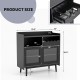 Kitchen buffet sideboard in black with wine rack, sliding glass doors, and adjustable shelf for versatile storage.