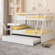 Twin over full convertible bunk bed in white with yellow polka dot bedding and trundle, perfect for kids' rooms.
