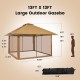 Large 13x13 ft outdoor gazebo canopy tent with mesh sidewalls, adjustable height, and wheeled carrying bag for easy.