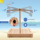 Kids wooden sandbox with adjustable blue canopy, providing sunlight and rain protection for outdoor play.