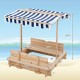 Kids wooden sandbox with blue canopy and bench seats, featuring adjustable height for sun protection and ventilation.