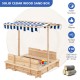 Kids wooden sandbox with canopy and bench seats in blue, made of solid cedar for safe outdoor play and ventilation.