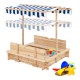 Kids wooden sandbox with blue canopy, convertible bench seats, and durable cedar wood for outdoor play and sun.