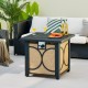 Square fire pit table with cover, 50,000 BTU heat output, and durable metal frame, perfect for outdoor gatherings.