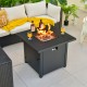 Square propane gas fire pit table with 50,000 BTU heat output, surrounded by drinks and a cozy seating area.