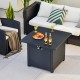 Square propane gas fire pit table with 50,000 BTU output, used as a coffee table, featuring a heavy-duty metal frame.