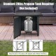 32-inch square propane gas fire pit table with a stainless steel burner, requiring a standard 20 lbs propane tank.