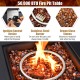 Square propane gas fire pit table with stainless steel burner and brown glass stones, perfect for outdoor warmth.