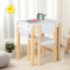Kids art table and chair set in white with natural wood legs, featuring a paper roll and storage drawer for creative.