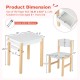 Kids art table and chair set with natural wood legs, paper roll, and drawer, perfect for drawing and crafts.