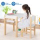 Kids art table and chair set in white with natural wood legs, featuring a paper roll and drawer for creative activities.