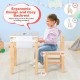 Kids art table and chair set with ergonomic design, natural wood legs, and replaceable drawing paper for creative play.