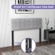 Gray linen upholstered headboard with solid rubber wood legs, adjustable for full/queen size bed, featuring button.