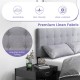 Linen upholstered headboard in gray with button tufting and solid rubber wood legs, ideal for full/queen beds.