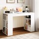 White office computer desk with dual 3-tier bookshelves and monitor shelf, ideal for ergonomic working and home decor.