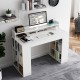 Office computer desk in white with dual 3-tier bookshelves and monitor shelf, ideal for ergonomic workspace.