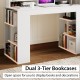 Office computer desk with dual 3-tier bookshelves in white, featuring open space for books and decorations.