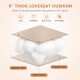 Beige tufted loveseat cushion made of durable polyester and soft PP cotton, 6" thick for indoor and outdoor use.