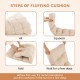 Steps to fluff the Indoor Outdoor Tufted Bench Cushion in beige, showcasing hitting, squeezing, folding, and waiting.