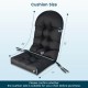 Black patio Adirondack chair cushion showing dimensions, featuring 5" thickness and fixing straps for optimal comfort.