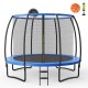 Recreational 12 ft trampoline with enclosure net, basketball hoop, and sturdy U-shaped legs for outdoor fun.
