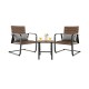Two rocking chairs with lumbar pillows and a DPC tabletop, made of brown PE rattan, perfect for outdoor relaxation.
