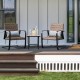 Patio rattan conversation set featuring two chairs and a table, with quick-dry lumbar pillows for outdoor relaxation.