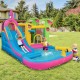 Inflatable bounce castle with water slide, featuring a pink design, water gun, and mesh netting for kids' summer fun.