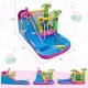 Inflatable bounce castle with long water slide, featuring vibrant colors and mesh netting for kids' summer fun.