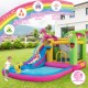 Inflatable bounce castle with water slide, featuring vibrant colors, mesh netting, and water gun for kids' summer fun.