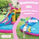 Inflatable bounce castle with water slide, top sprinkler, and water gun for kids' summer fun and play.