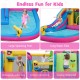 Inflatable bounce castle with long water slide, featuring a large splashing pool and basketball hoop for kids' fun.
