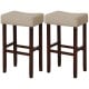 Backless bar stool set featuring beige upholstered seats and solid rubber wood legs, ideal for dining or kitchen use.