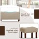 Beige upholstered bar stool with solid rubber wood legs, featuring a wide seat and nailhead trim for stylish support.