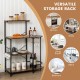 4-tier kitchen bakers rack in rustic brown with S-hooks and stemware racks, ideal for kitchen and living room storage.