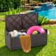 Patio storage bench with seat cushion, made of durable brown PE rattan, ideal for outdoor organization and seating.