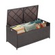 Patio storage bench with a 34-gallon capacity, made of brown PE rattan, featuring a soft seat cushion and gas struts.